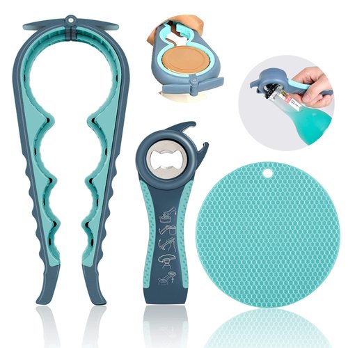 Jar Opener for Weak Hands, Seniors with Arthritis, 5 in 1 Multi Function Bottle Opener Lid Opener For Arthritic Hands with Non Slip Rubber Jar opener Gripper Pad(blue)