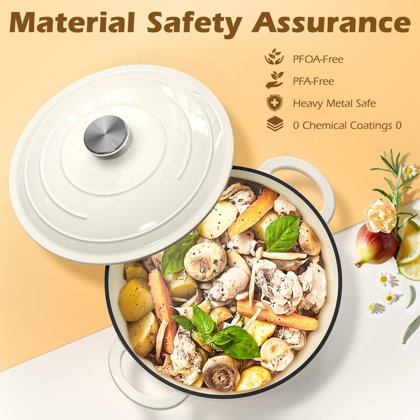 Umite Chef Enameled Cast Iron Dutch Oven-7QT Pot with Lid Cookbook & Cotton, Heavy-Duty Cookware for for Bread Baking, Braising, Stews, Marinate, Cook(Cream White)