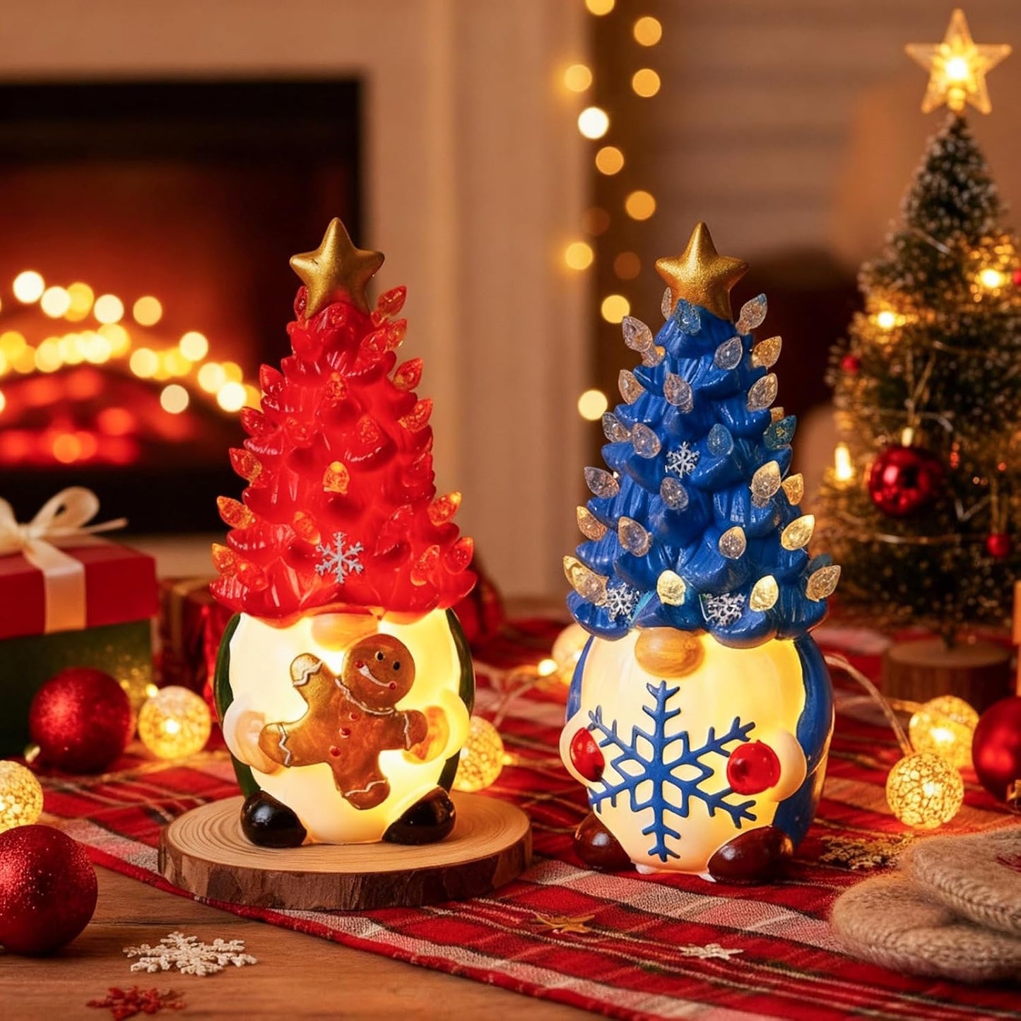Riakrum Gnome Christmas Tree Decor - Lighted Gingerbread Man & Snowflakes | 6.5” Resin Figurines for Indoor Centerpieces