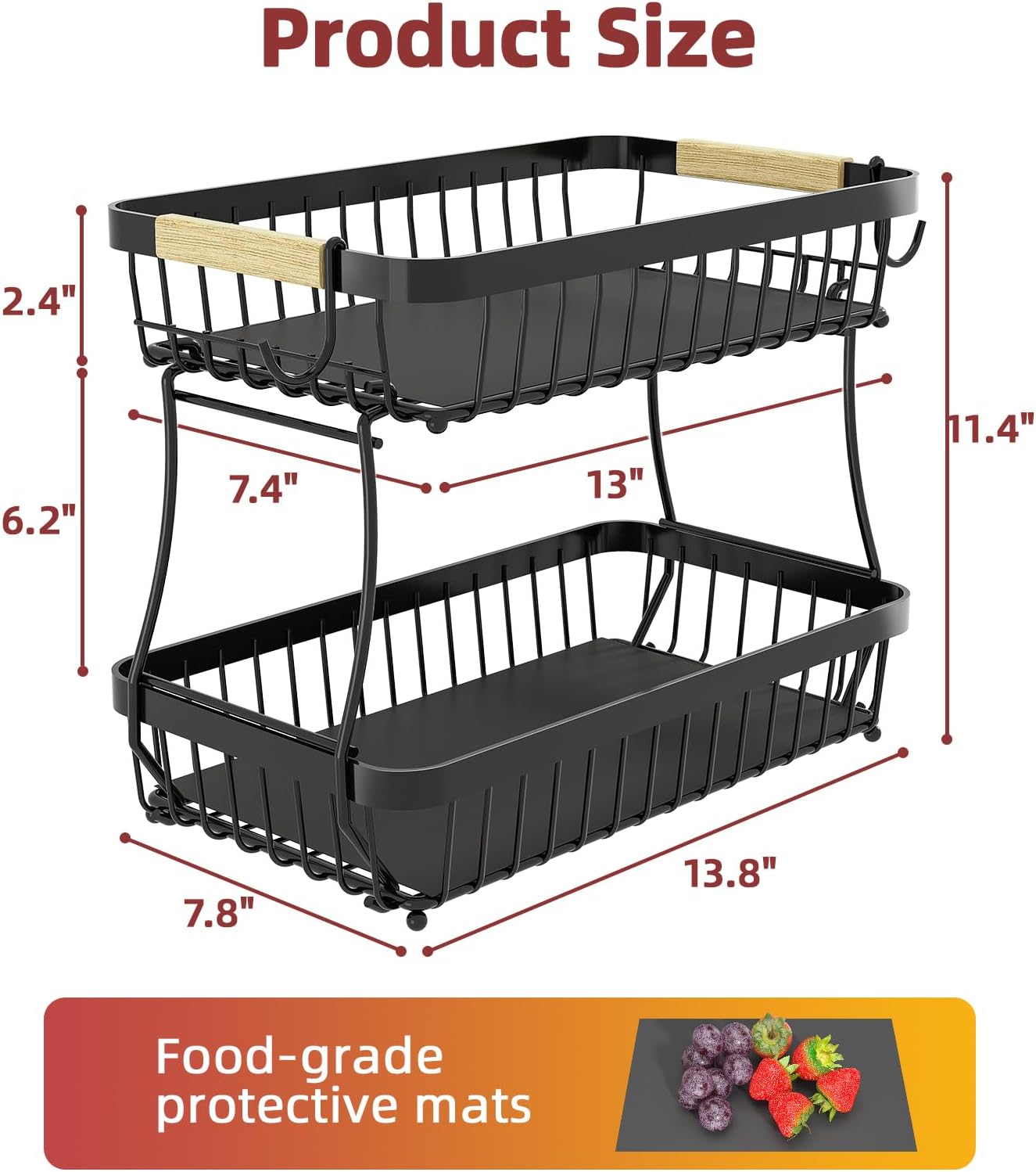 Sevenblue 2-Tier Large Fruit Basket - Detachable Metal Bowl with Wooden Handle & Banana Hangers | Kitchen Counter Organizer