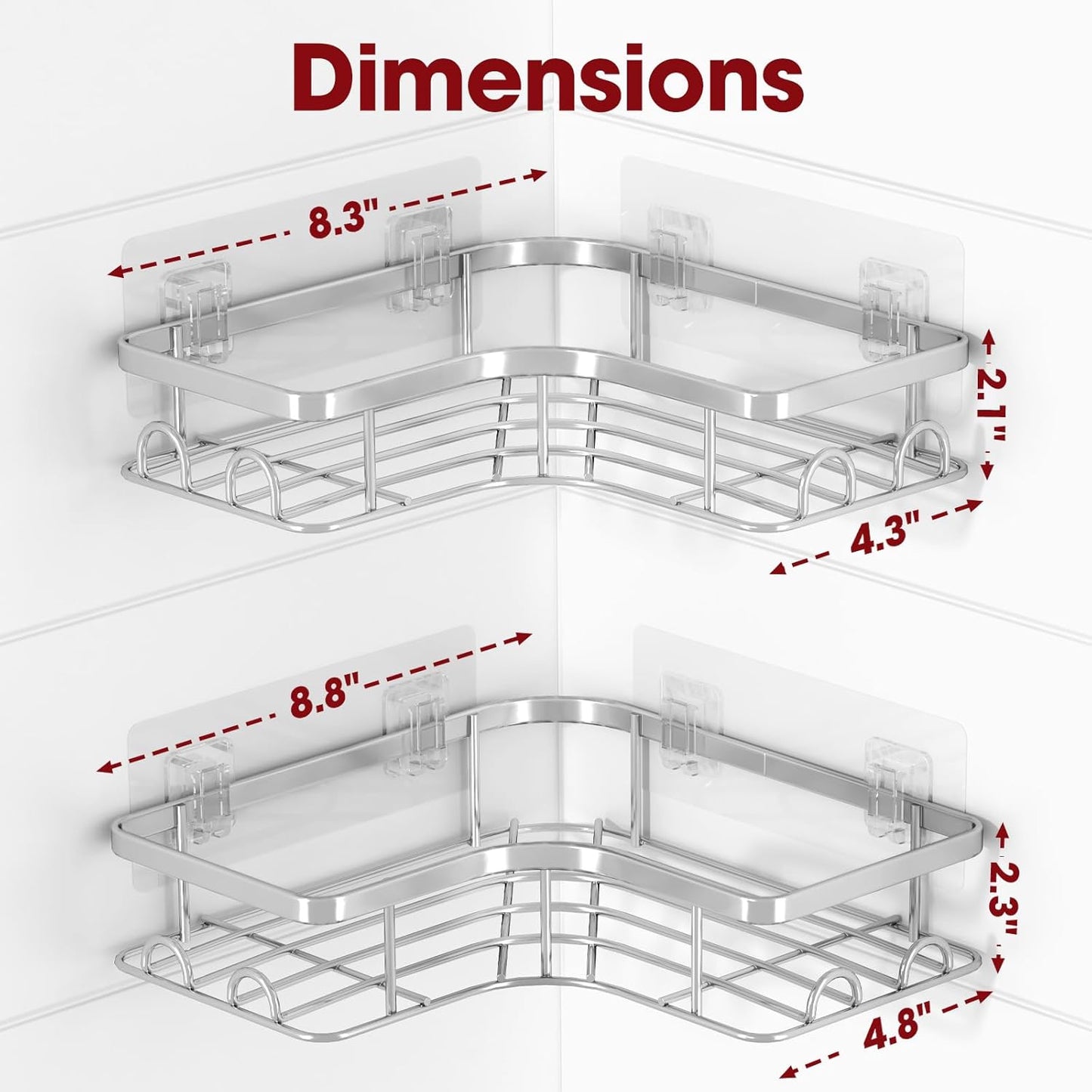 Sakugi Corner Shower Caddy | Rustproof Stainless Steel Organizers - 2 Pack with 8 Hooks, No Drilling, Silver