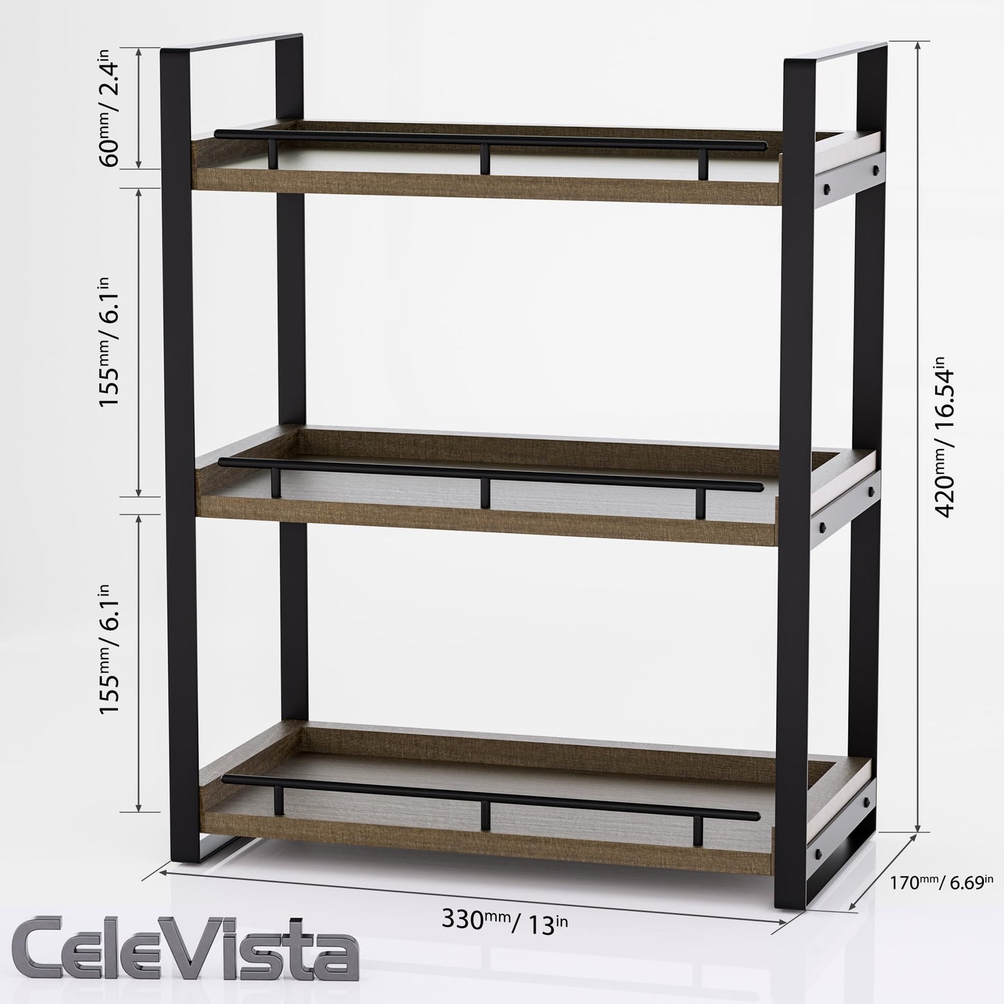 CeleVista Bathroom Counter Organizer, 3 Tier Wood Countertop Shelf for Vanity, Skincare, Makeup, Kitchen Coffee and Sink Storage, with Durable Metal Bracket (Dark Brown)