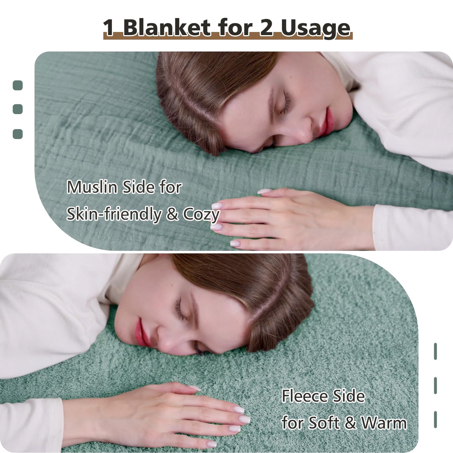 EMME Muslin Cotton Fleece Queen Blanket Reversible - 80"*90" Teal Soft Warm Throw Blankets for Couch Bed Picnic Travel Bed