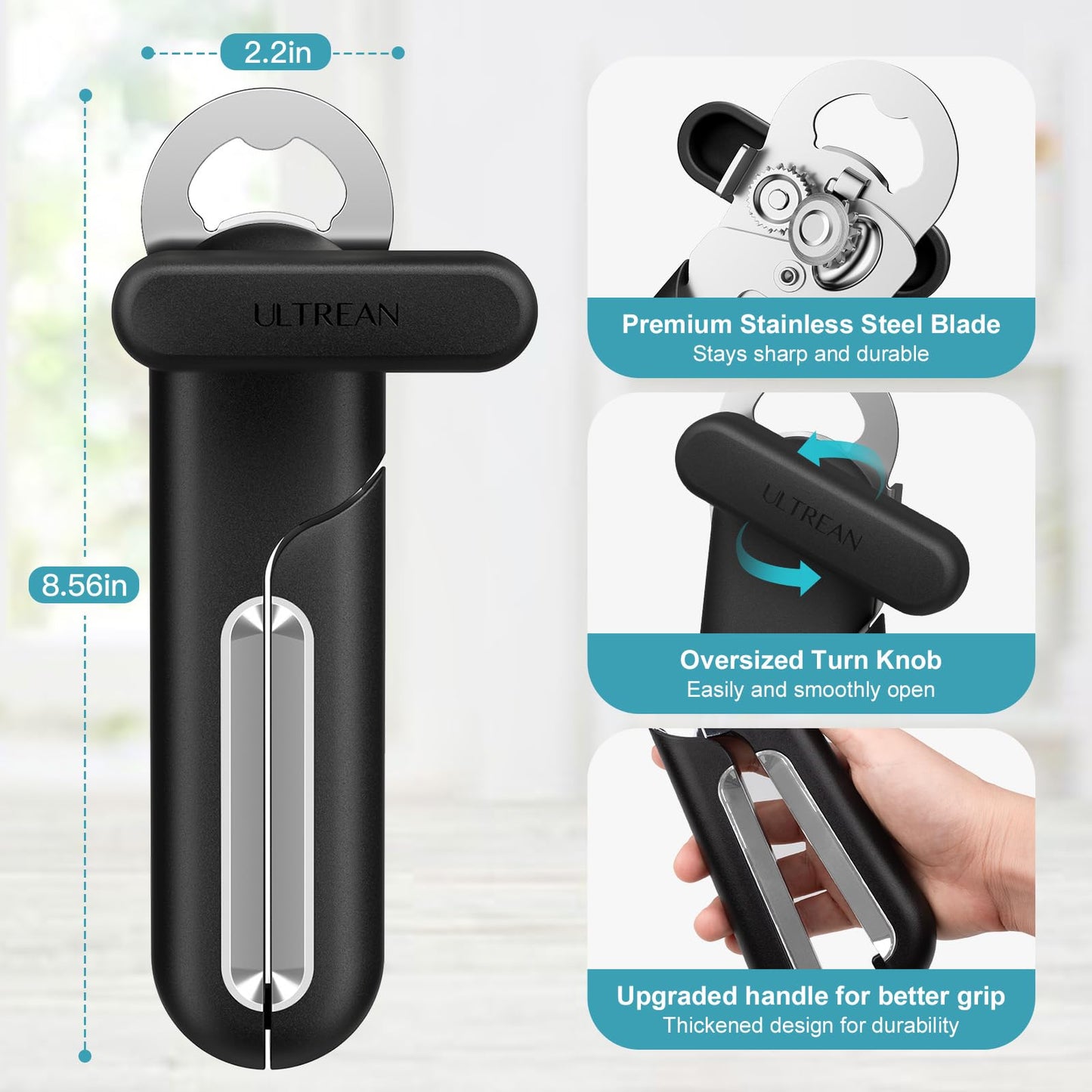 Ultrean Can Opener Manual, Heavy Duty Stainless Steel Smooth Edge Can Opener with Ergonomic Handles and Oversized Easy Turn Knob for Seniors, Black