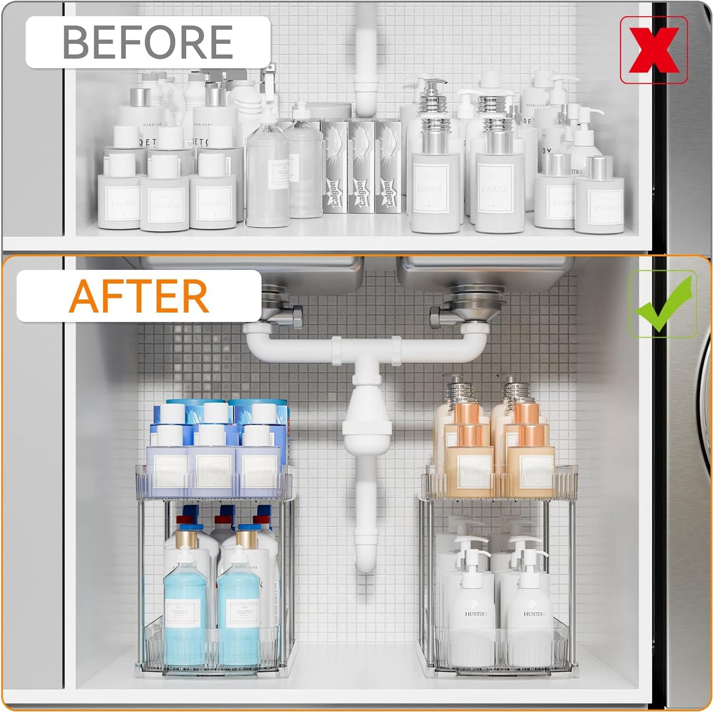 Skiennix Large Pull-Out Bathroom Organizers - 2 Tier 12.8" Tall Acrylic Under Sink Storage
