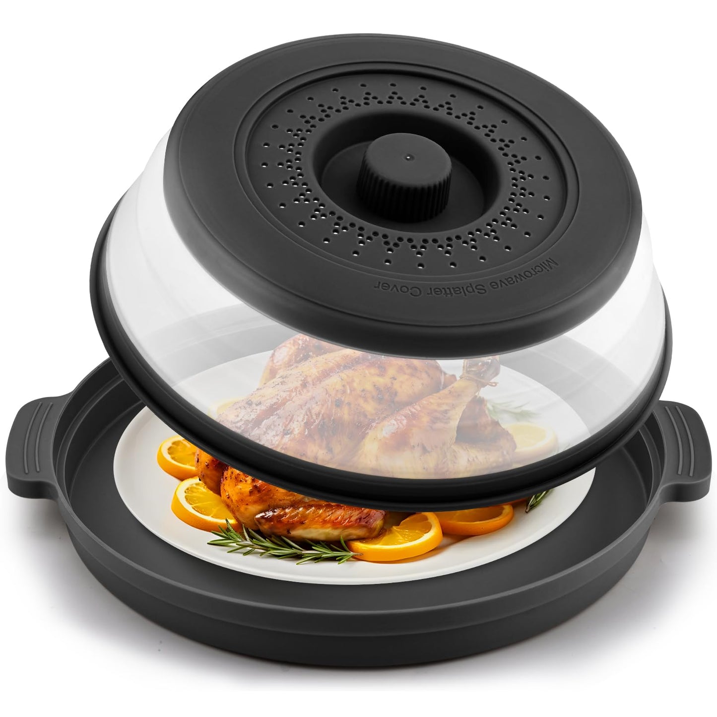 Microwave Splatter Cover for Food with Anti-scald Base Plate,Large Plastic & Silicone Vented Avoid Scalding Collapsible Guard Lid,Kitchen Essential Gadgets for Meal Prep-10.7 Inch (Black)