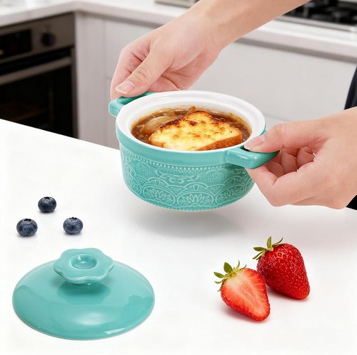 Hacaroa Mini Cocotte Set - 8 Oz Ceramic Ramekins with Lids & Handles | Individual Baking Dishes in 6 Colors