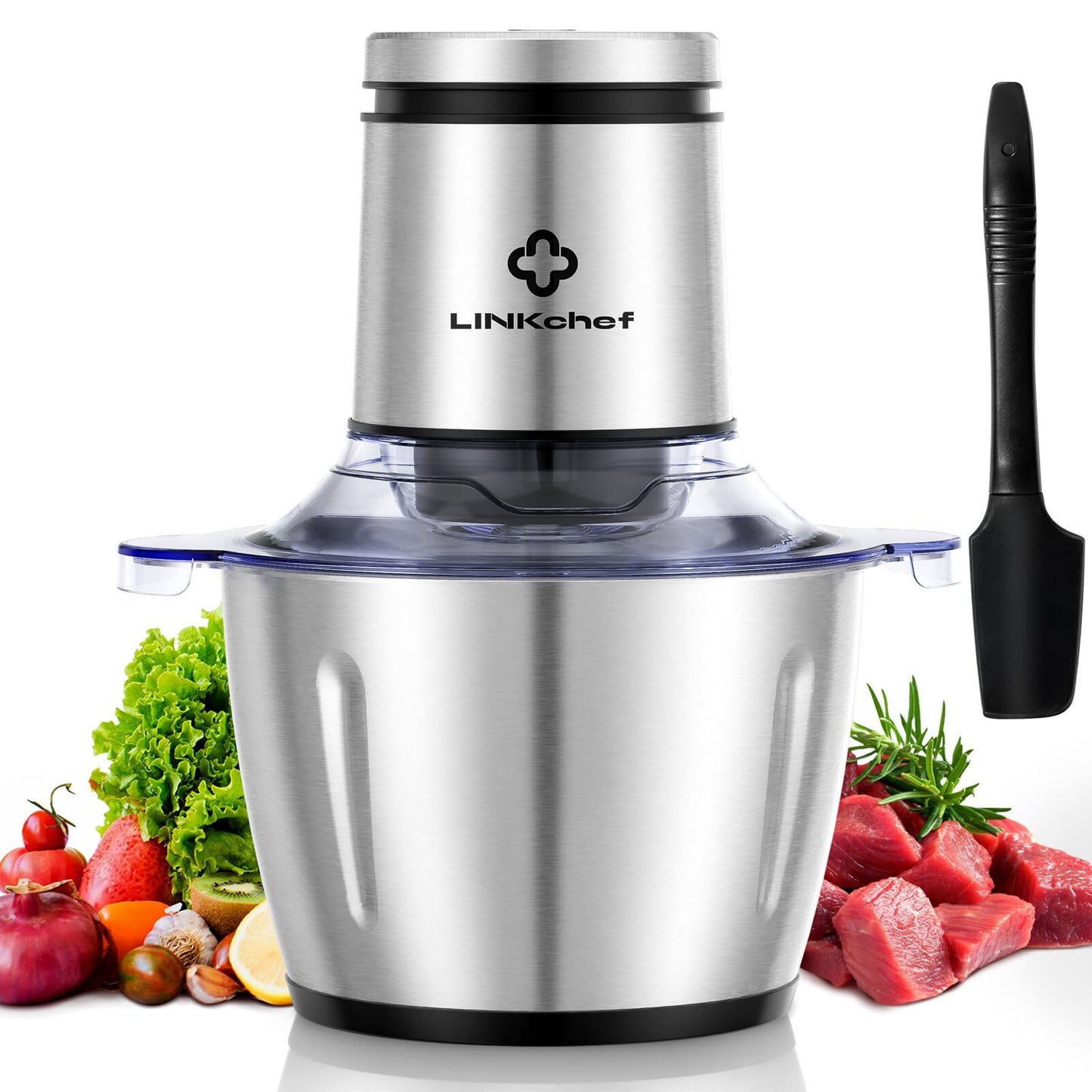 LINKChef Food Chopper, 8 Cup Food Processor Mini Electric, 2L 600W Meat Grinder with 4 Bi-Level Blades, Stainless Steel Mincer for Kitchen, Vegetable, Onion, Garlic, Salad, Baby Food, Fruit, Nuts