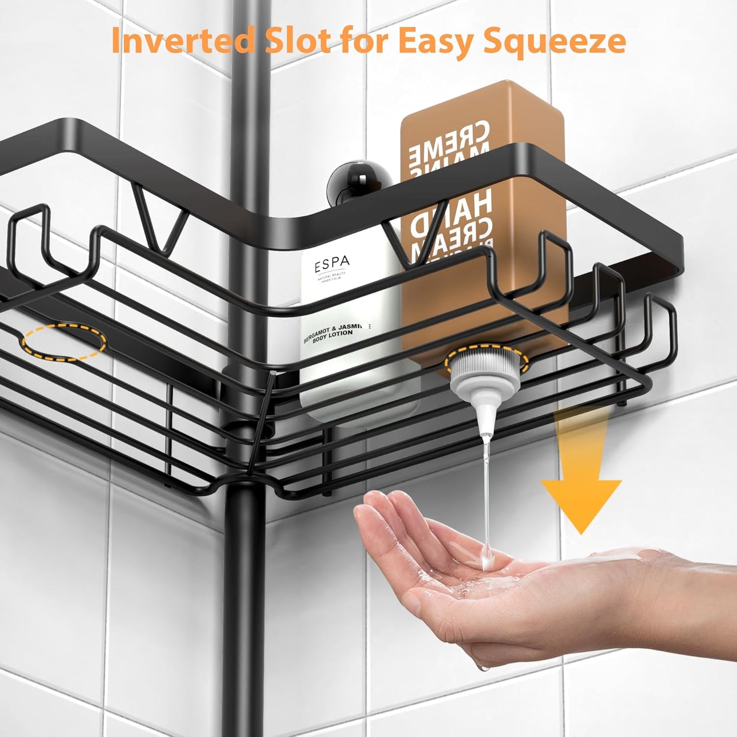 KEGII Adjustable Black Shower Caddy Tension Pole - Rustproof Bathroom Organizer with 2 Towel Bars | 25–114.2 Inch