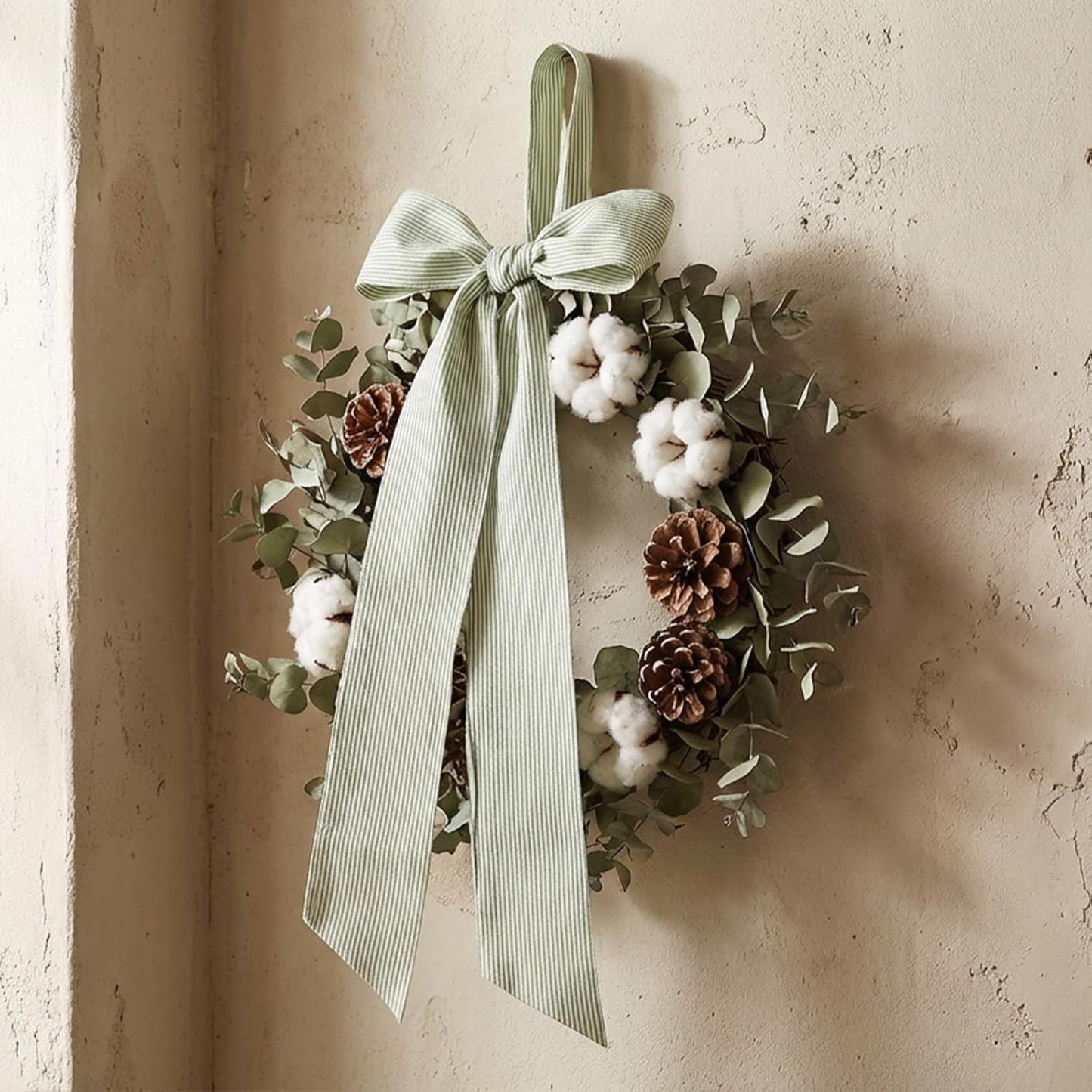 Skiennix Wreath Sash - Holiday Stripes Ribbon for Front Door | 5.1'' W x 59'' L, Green Striped Decor