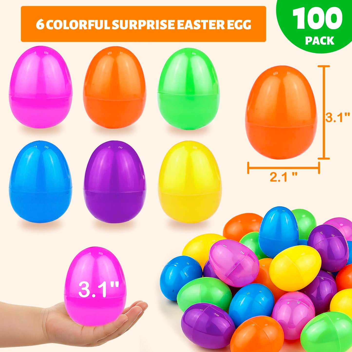 AMENON 100 Pcs 3.1 Inch Large Plastic Easter Eggs Bulk 6 Colors Empty Easter Eggs Fillable, Easter Basket Stuffers Fillers, Easter Hunt Party Favor , Classroom Prize Supplies Kids Toddler