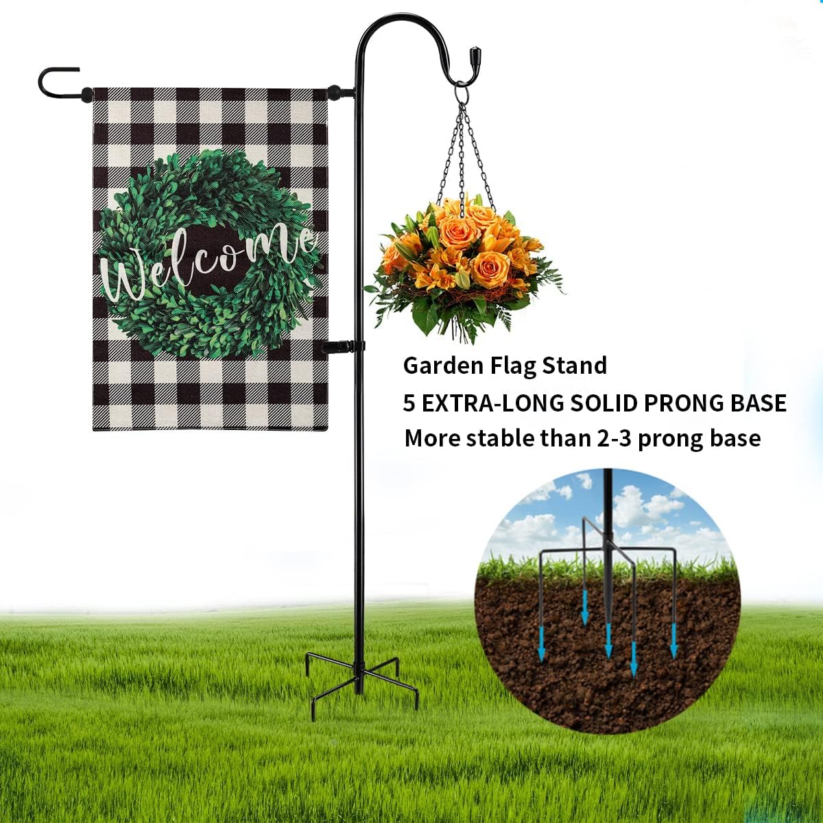 **GFSH Garden Flag Holder Stand - 48 Inch Metal Pole for 12x18 Flags & Solar Lights | Black**
