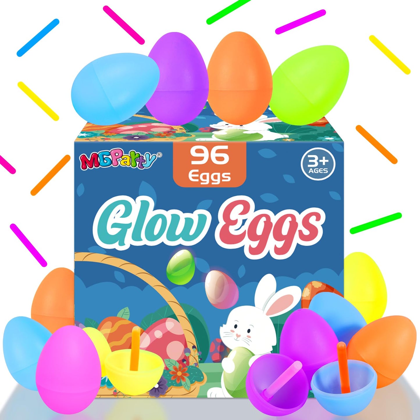 MGparty Glow in The Dark Easter Eggs, 96 Plastic Eggs with 192 Mini Glow Sticks for Kids Easter Basket Stuffers Party Favors Egg Hunt Supplies and Easter Decorations