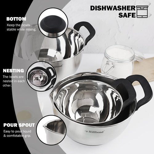 Hillbond Stainless Steel Bowls with Lids Set Mixing Bowls with Pour Spout, Silicone Handle and Non-Slip Bottoms for Baking, Metal Bowls Mixing Dishwasher Safe, Set of 3 (Black)