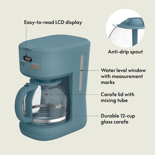 Bella 12-Cup Programmable Coffee Maker - Easy LCD Display, Auto Shutoff, Reusable Accessories | Surf Color