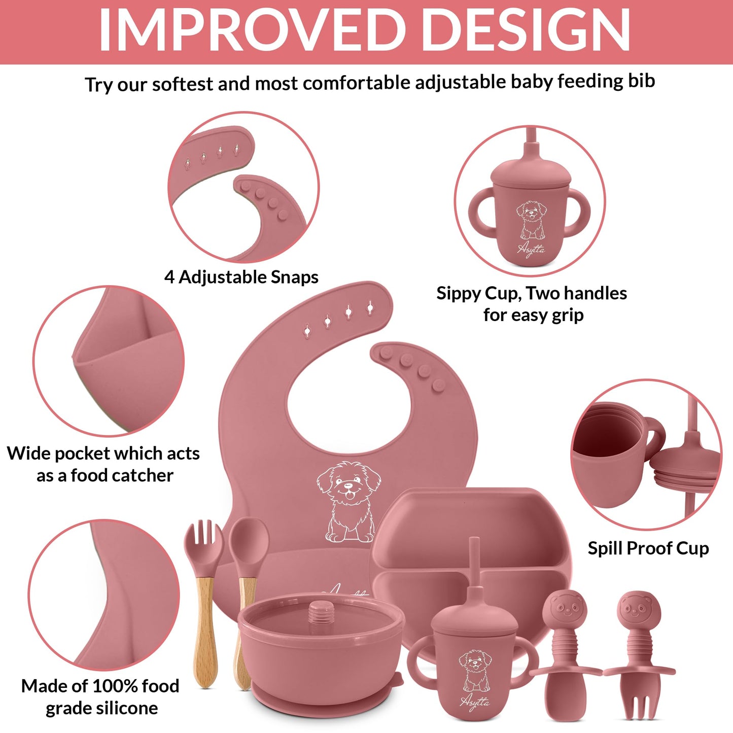 ASYTTA Silicone Baby Feeding Set – 6 Piece BPA-Free Baby Led Weaning Supplies – Toddler Eating Essentials with Baby Bib, Suction Plate, Suction Bowl, Sippy Cup, Forks, & Utensils | 6+ Months (Pink)