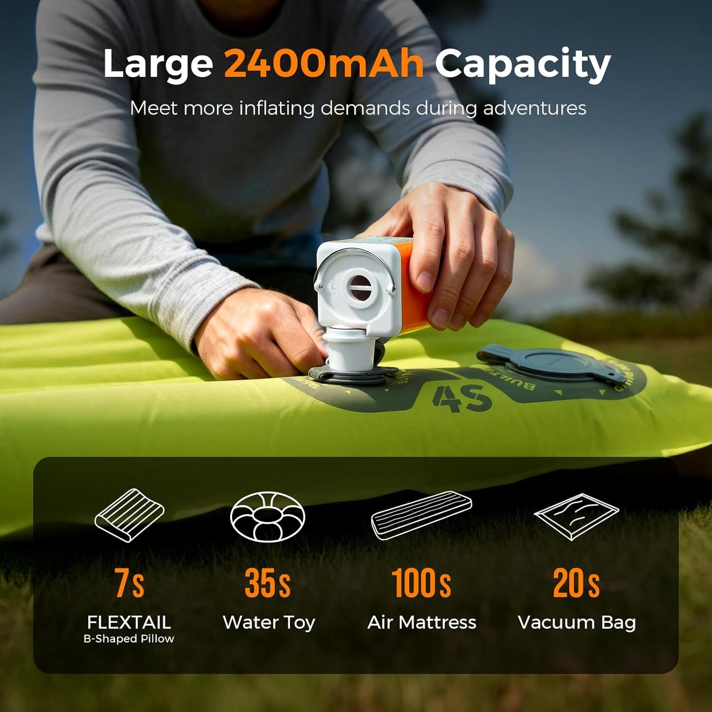 Skiennix Portable Air Pump - 2400mAh Ultra Powerful Mini Pump with Camping Light | Ideal for Air Mattresses, Pool Floats & Vacuum Bags