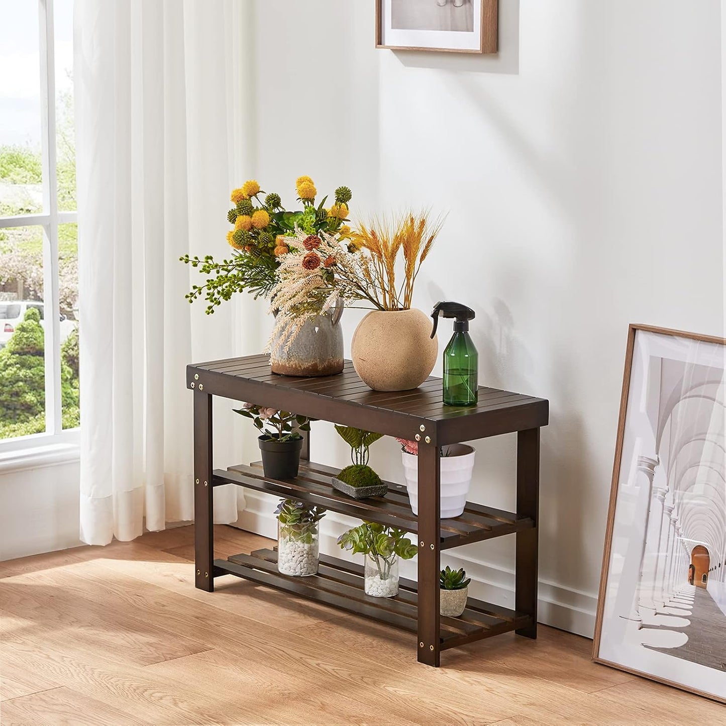 Pipishell Bamboo Shoe Rack - 3-Tier Sturdy Storage Bench for Entryway & Living Room | Holds Up to 300lbs, Brown