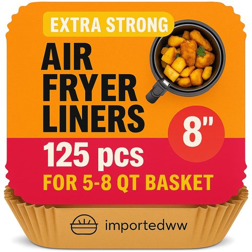 Air Fryer Liners 125 Pcs – 8” Square Disposable Paper for 5–8 QT Basket – Non-Stick, Oil-Proof, Food-Grade Parchment – Fits Ninja, Gourmia, Vortex, More