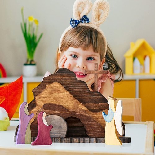Easter Resurrection Scene Set, Easter Wooden Decorations Religious, Jesus Nativity Christ Statue Decoration, Empty Tomb Tabletop Ornaments Cross Figurines Decor Gift for The Home, Tabletop, Office1