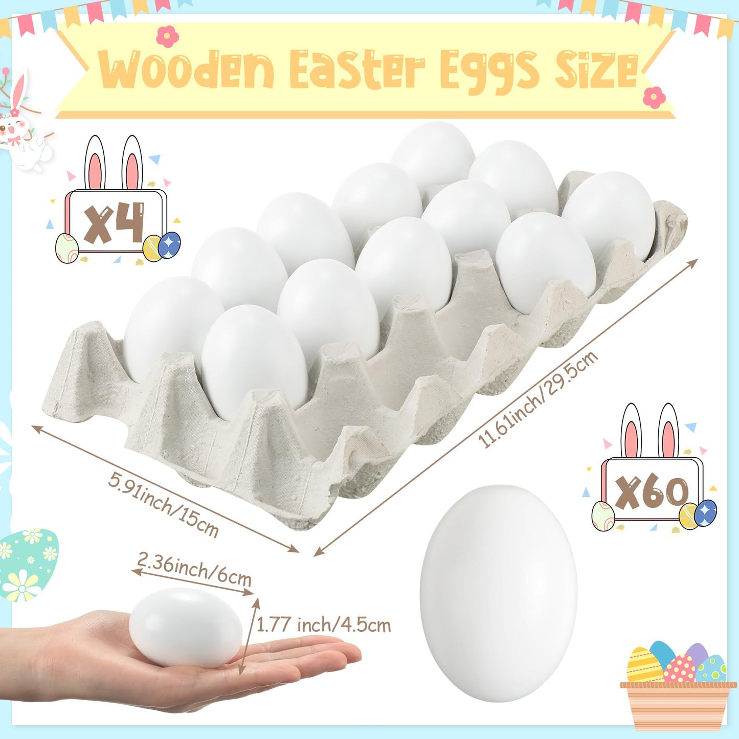 Beeveer 60 Pcs Wooden Eggs for Crafts Unpainted Eggs with Blank Egg Cartons, Wooden Fake Food Egg to Paint for Easter Decorating, Kitchen Craft, Basket Stuffer(White,Wood)