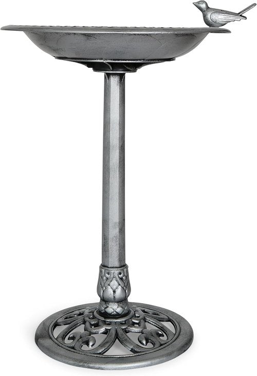 Backyard Expressions Outdoor Garden Bird Bath - Weather Resistant Polyresin - 30 Inch Silver