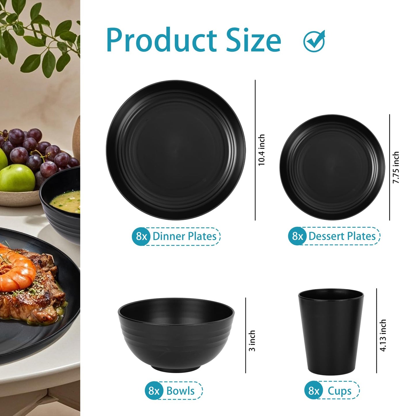 Supernal Wheat Straw Dinnerware Sets,Plates and Bowls Set, Dish Sets for 8, Unbreakable Plate for 8 Dishwasher Safe,Reusable Dinnerware Black-16pcs Plates, 8pcs Bowls, 8pcs Cups.