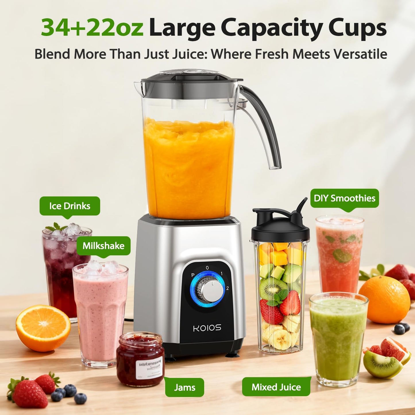 KOIOS 900W Countertop Blenders for Shakes and Smoothies, Protein Drinks Baby Food Nuts Spices, Grinder for Beans, 11 Pes Personal Blender with 2x18.6oz and 10oz Cups, Non-BPA