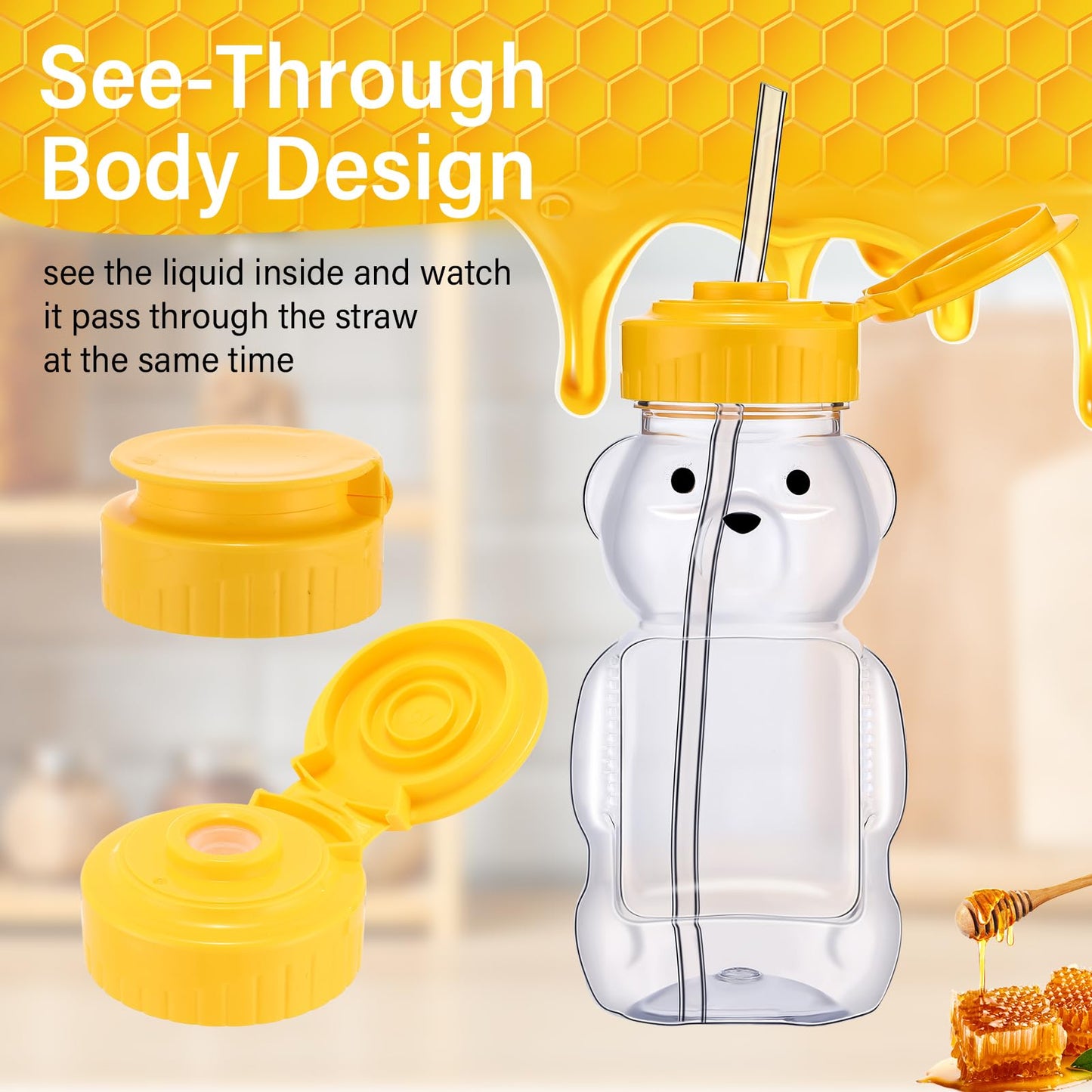 Thenshop 64 Pcs 6 oz Honey Bear Bottle and 64 Pcs Straws Plastic Honey Bear Straw Cup Honeybear Squeeze Jars Cute Empty Bottle for Syrup Sauce Juice Storing and Dispensing