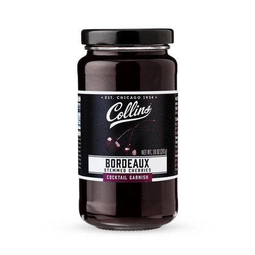 Collins Stemmed Black Cherries for Cocktails, Old Fashioned, Manhattan, and Whiskey Sour, Cocktail Cherry in Bordeaux Syrup, Garnish for Mocktails, Party Drinks, Baking, Desserts, 10 oz