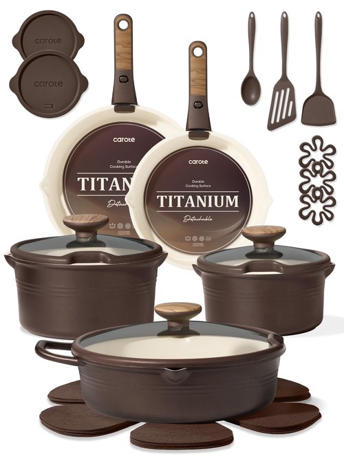 CAROTE 22Pcs Titanium Cookware Set, Pots and Pans Set Non Stick, Kitchen Cooking Set with Detachable Handle, Non Toxic Induction Cookware, Dishwasher/Oven Safe, Browm