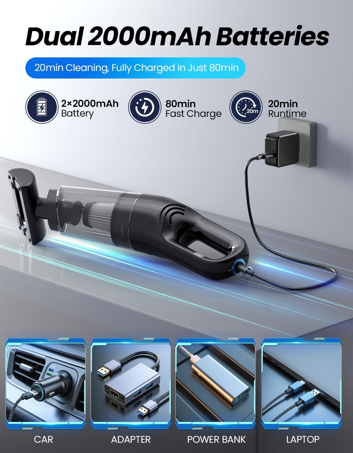 Skiennix Handheld Vacuum - Cordless 26,000 Pa Suction Power | Portable Rechargeable for Home & Car Cleaning