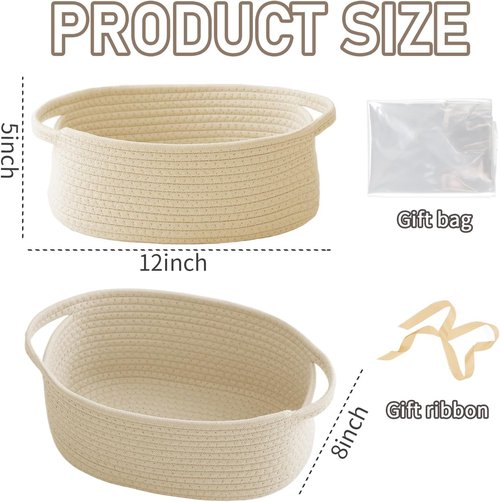 JMvicyroam Woven Basket - Small Rope Storage Bin with Handles | Beige 2-Pack for Organizing Shelves & Closets