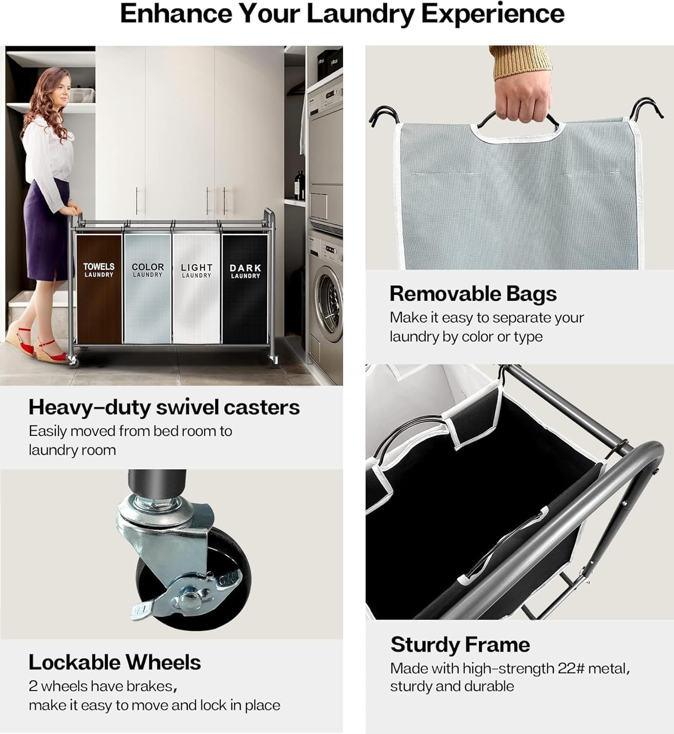 ROMOON Laundry Hamper Sorter Cart - 4-Section Organizer with Lockable Wheels | 180L Rolling Basket for Small Spaces