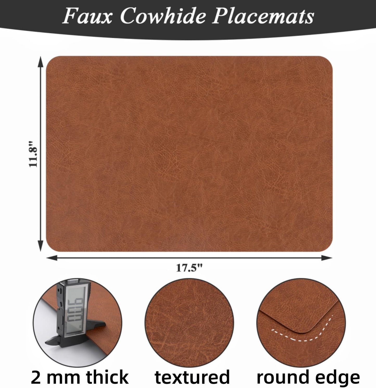 SHACOS Faux Cowhide Leather Placemats Set of 6, Wipeable Heat Resistant Table Mats, Stain Resistant Double Sided Reversible PU Place Mats for Dining Table Kitchen Restaurants, Brown and Blue