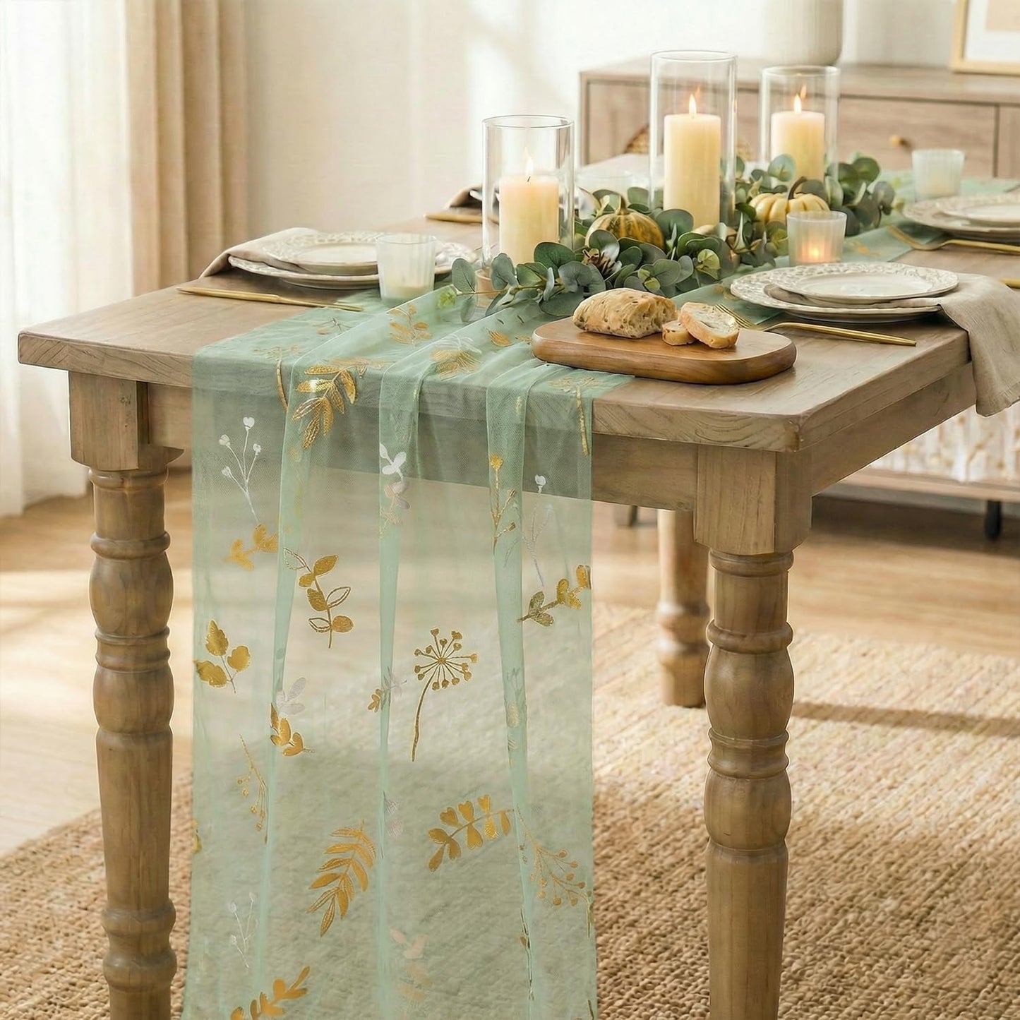 Artoid Mode Gold Floral Leaves Gauze Table Runner 10FT, Glitter Metallic Foil Sheer Dining Wedding Anniversary Birthday Table Decor for Home Party,Sage Green