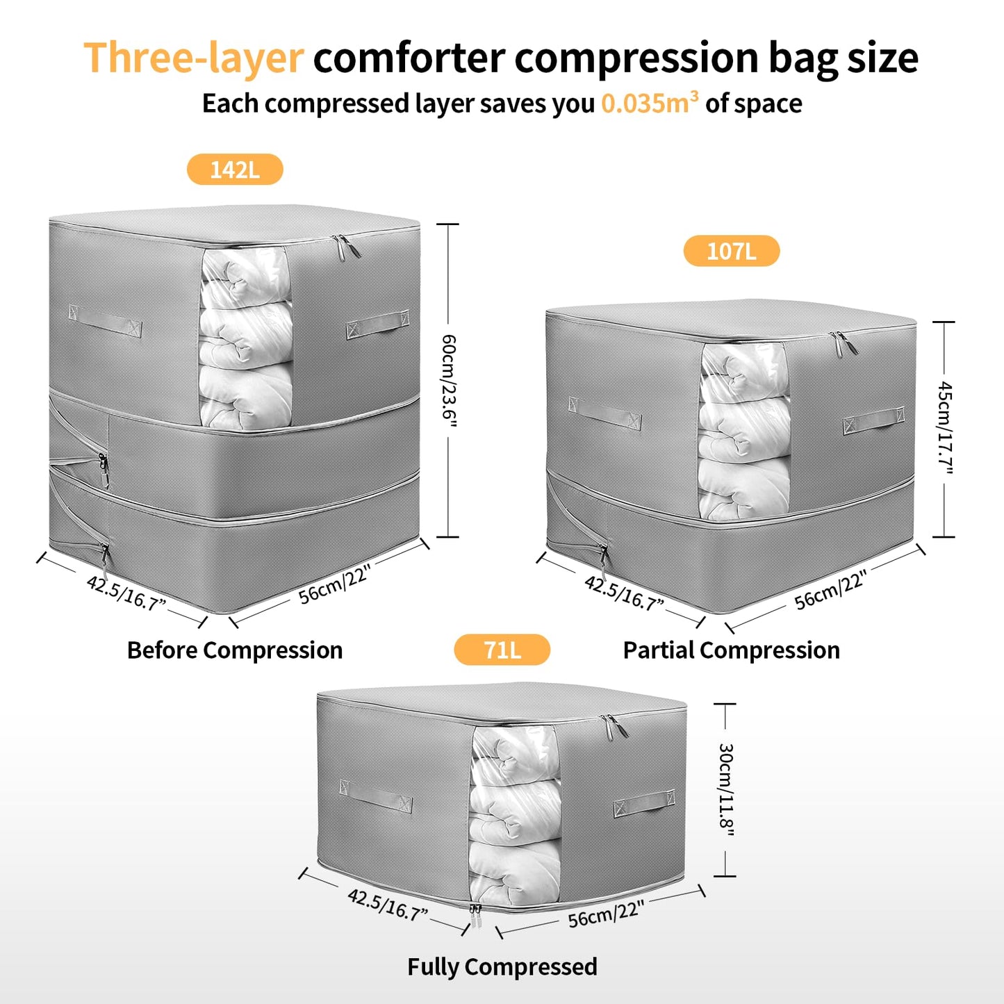 2 Pack Upgrade Comforter Storage Bag with Handle, Space Saving 3-Layer Adjustable In 3 Sizes (142L, 107L, 71L), Compression Blanket Storage Bags, Washable Bedding Organizer For Pillow Duvet Clothing