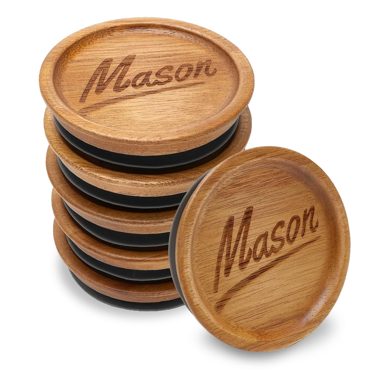 6 Pcs Acacia Wood Mason Jar Lids Regular Mouth Canning Jars Supplies Decorative Small Mouth Mason Jar with Wooden Lid Silicone Reusable Can Lids for Jars Tops Glass Cover Canning Accessories