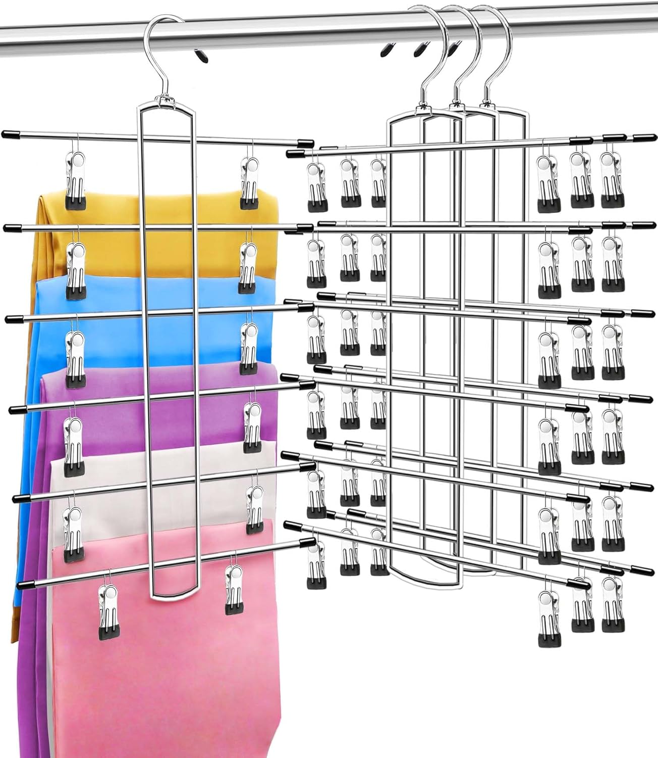 Skiennix 3-Pack Closet Organizers - 6-Tier Skirt & Pants Hangers with Clips | Space-Saving Storage for Home & Dorm