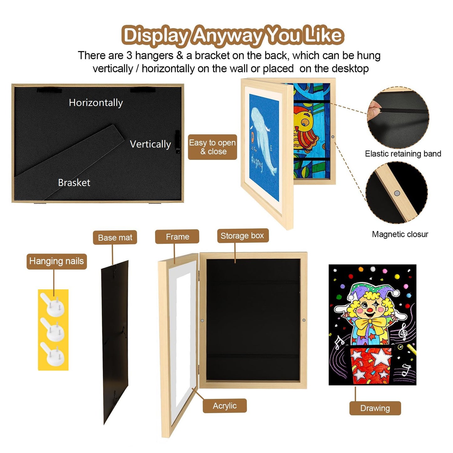 UBeesize 9.5x13 Kids Art Frame - A4 Artwork Display Kids Art Frames Front Opening Holds 50 - Changeable Picture Display 8.5x11 Without Mat and 6.1x9.6 With Mat -Storage Frames with Easel Back(Wood)