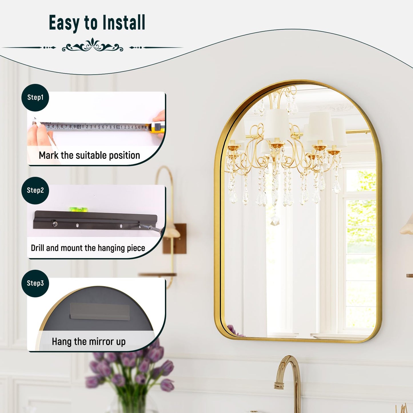 GLSLAND 24”x36“ Gold Arched Bathroom Mirror - Aluminum Alloy Framed Mirrors for Wall- Arch Wall Mirror, Brush Gold Bathroom Mirror for Bedroom
