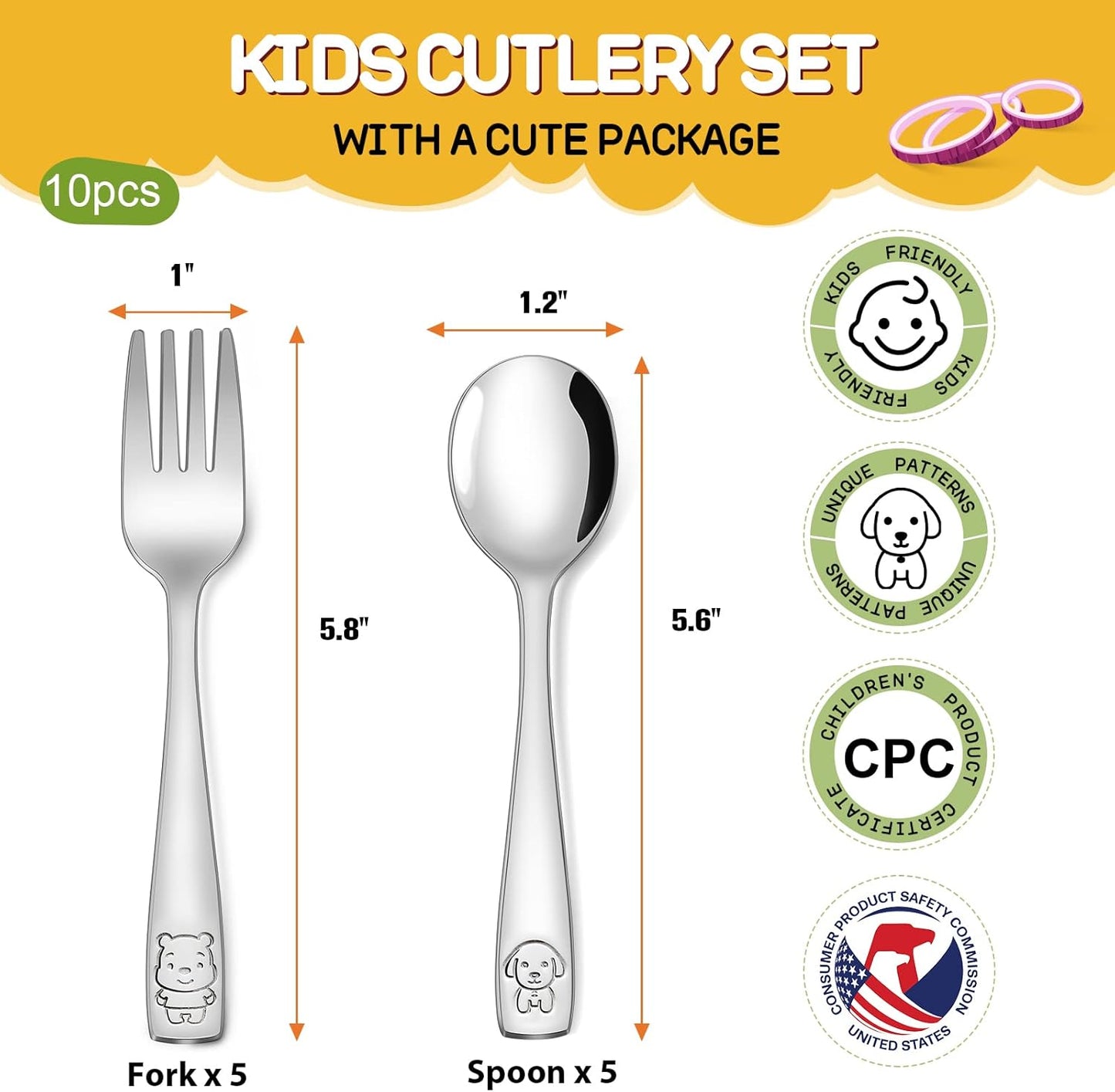 VITEVER Toddler Utensils Set - 10-Piece Kids Stainless Steel Silverware | Safe Forks & Spoons, Dishwasher Safe