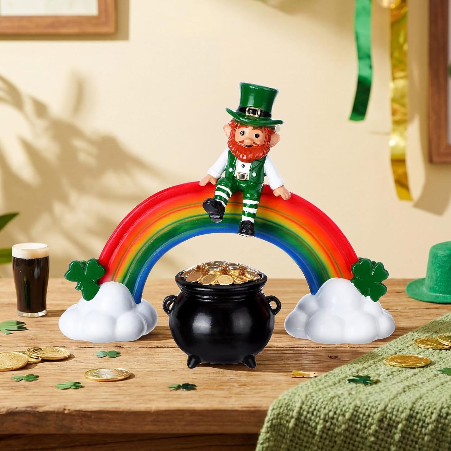 Youyole St. Patrick's Day Leprechaun Figurine - Colorful Resin Elf with Pot of Gold Decor