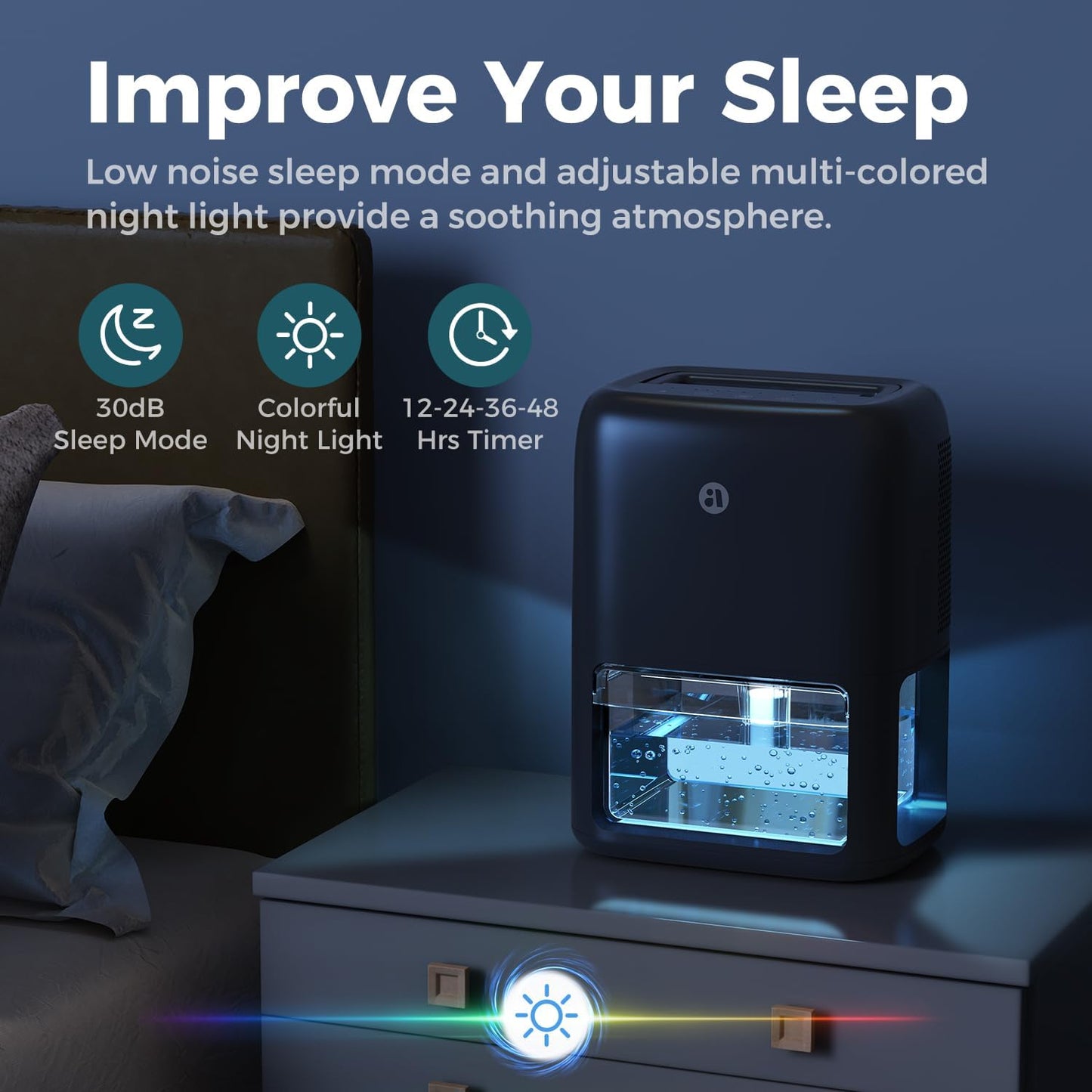 Skiennix 60 OZ Quiet Dehumidifier - Dual-Semiconductor with Auto-Off Timer & 7 Color Lights | Portable for Home, Bathroom & RV
