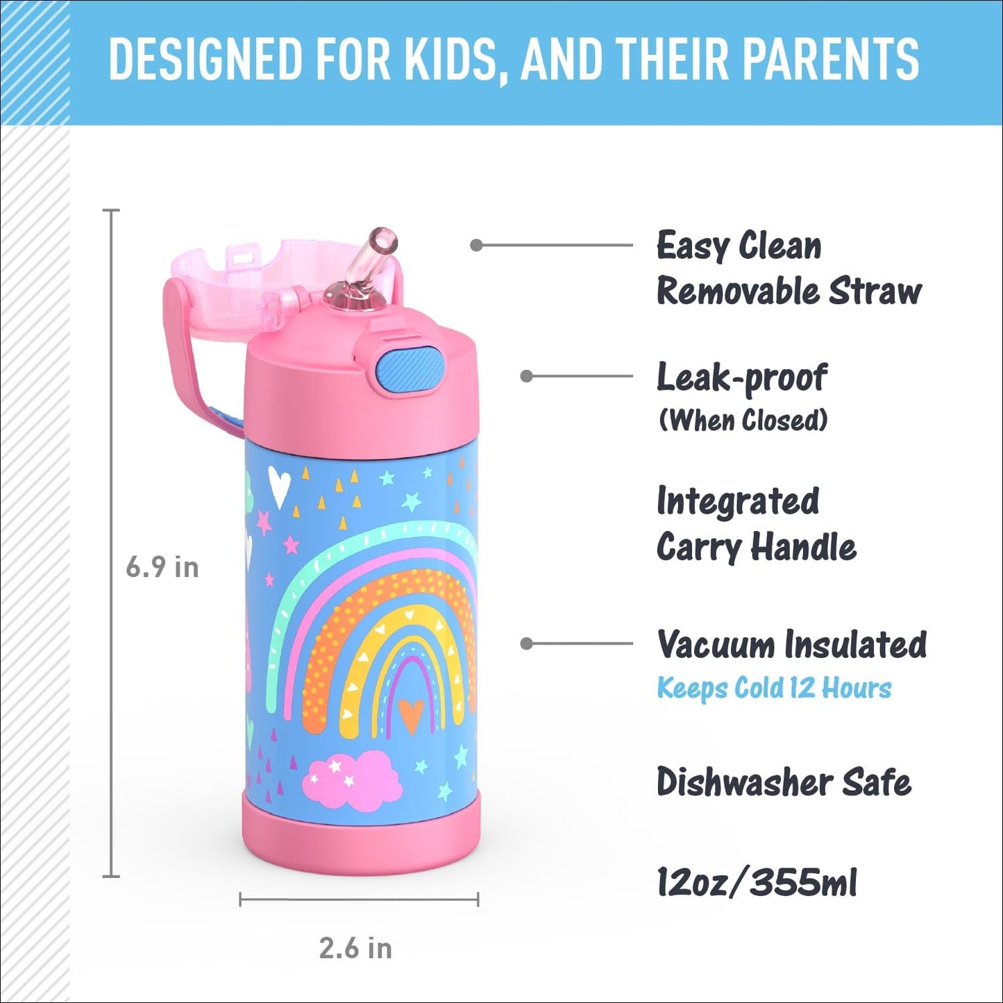 THERMOS FUNTAINER Water Bottle - 12 Ounce Kids Stainless Steel Vacuum Insulated with Straw | Rainbow Dreams