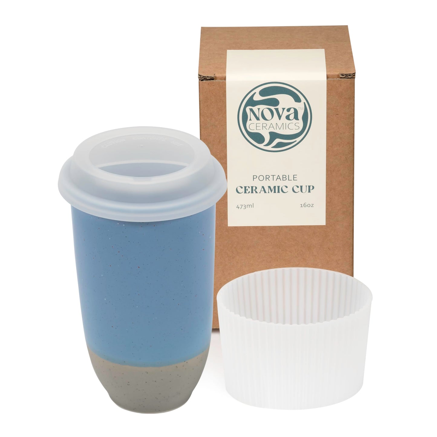 NOVA CERAMICS Travel Mug - Ceramic Coffee Mug With Lid – Microwave & Dishwasher Safe Coffee White & Grey Tumbler - Fits In Cup Holder – 16oz – Coastal Drift