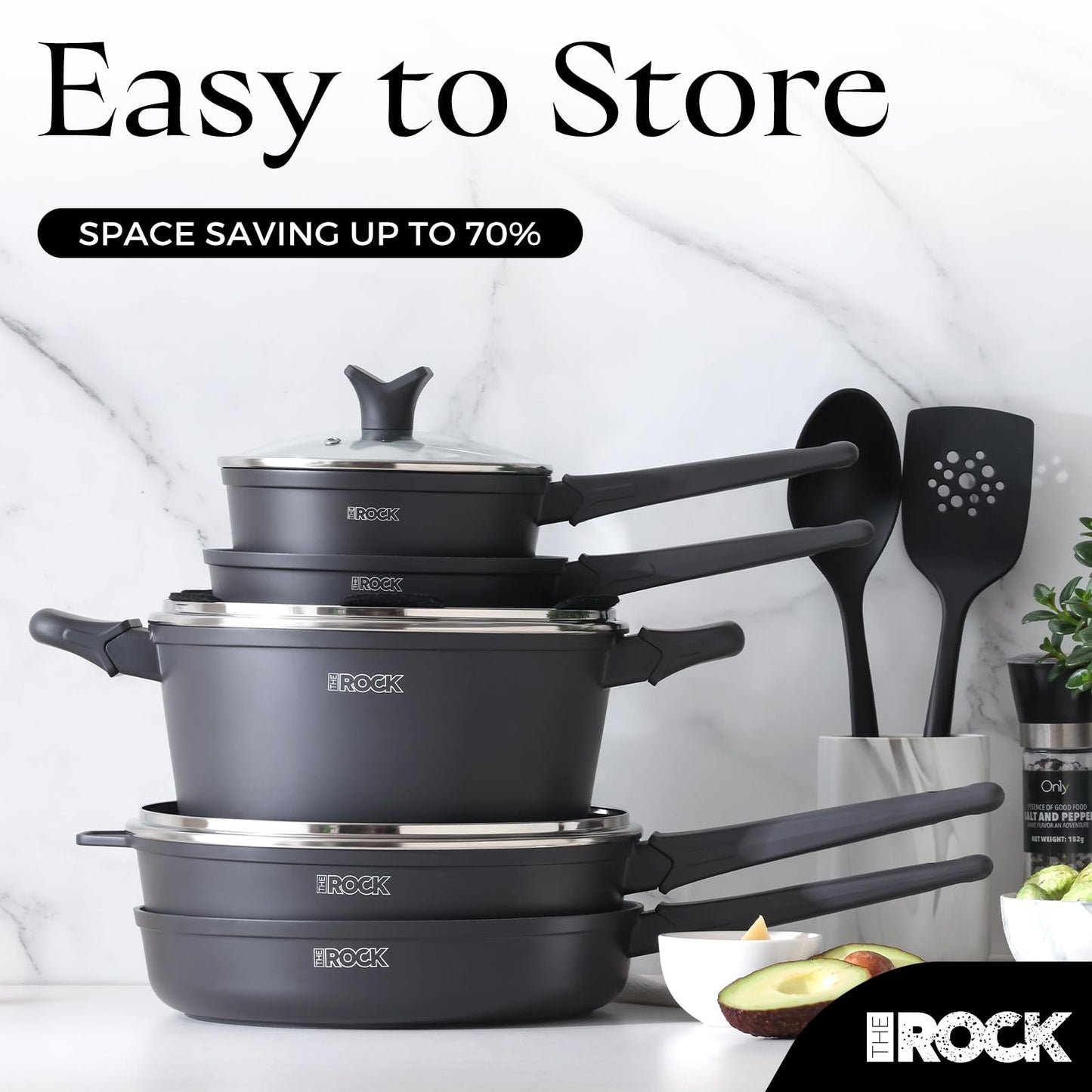 THE ROCK SOHO 15Pcs Cookware Set – Pots and Pans Set Non Stick with ROCK.TEC – Compact for Urban Kitchens, Nothing Sticks, Never Warps, Lasts Longer, Induction & Dishwasher Safe, Black