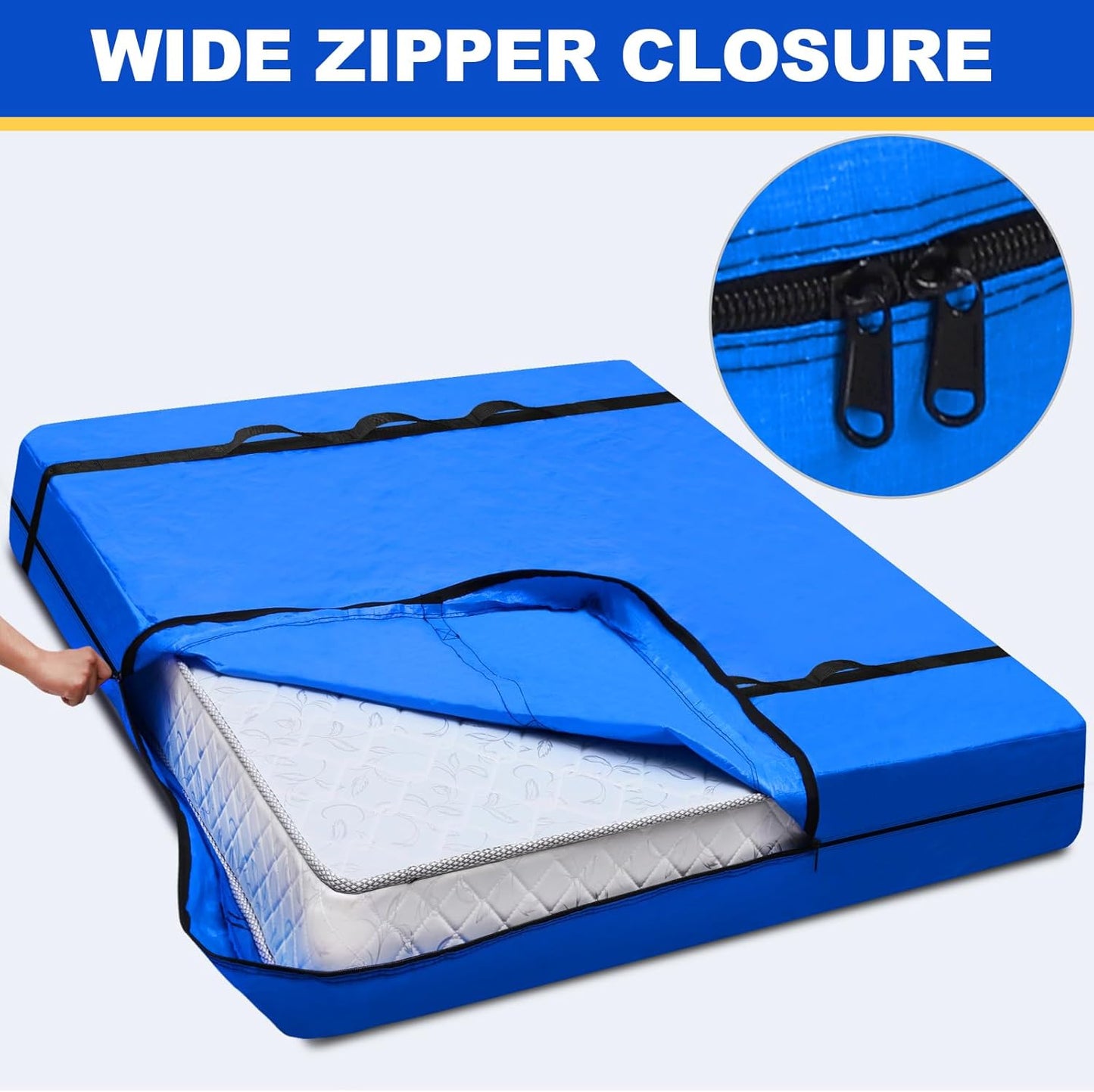 TICONN Queen Mattress Bag - Heavy Duty Storage Cover with Full-Around Handle & Adjustable Buckles | Blue