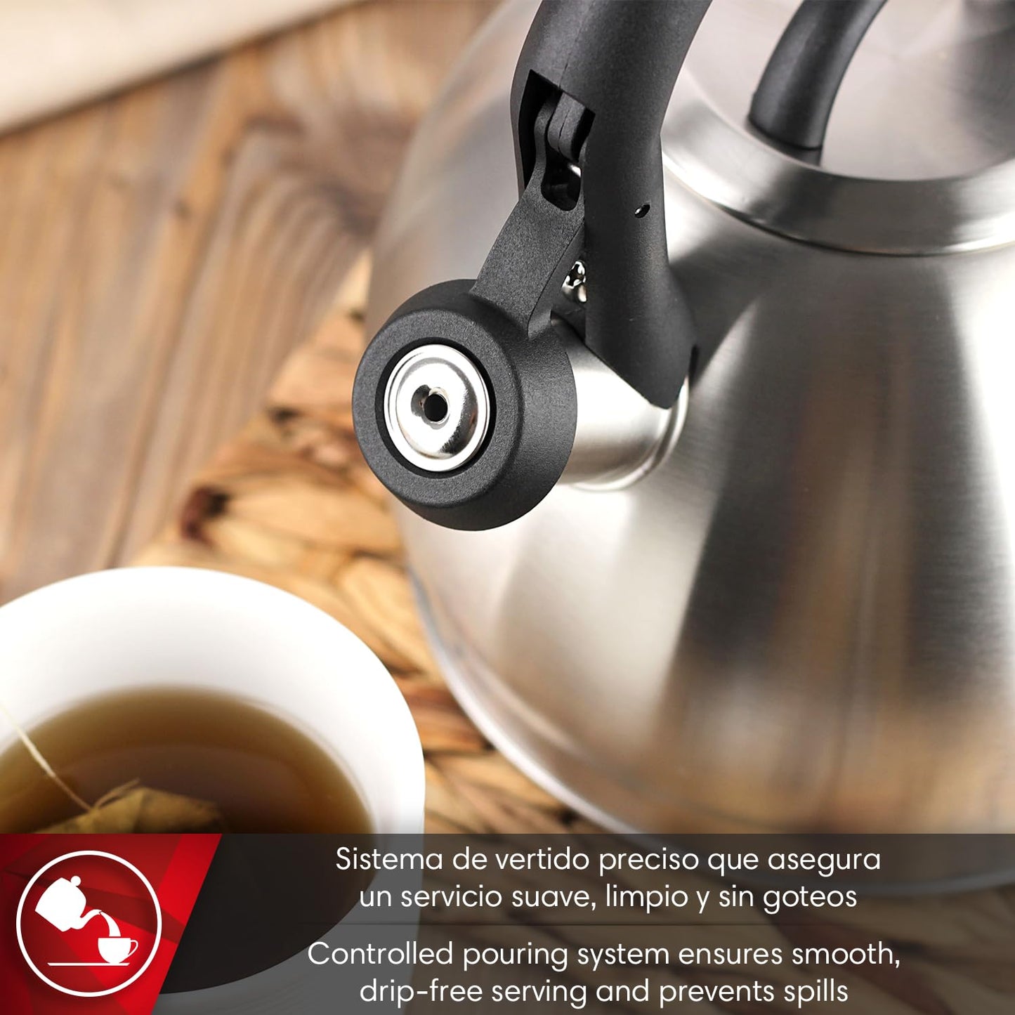 Magefesa Silver 3.1-Quart Stainless Steel Whistling Tea Kettle, Satin-Polished Exterior, Drip-Free Pouring System, Suitable for All Stovetops Including Induction, Removable Lid, Teapot