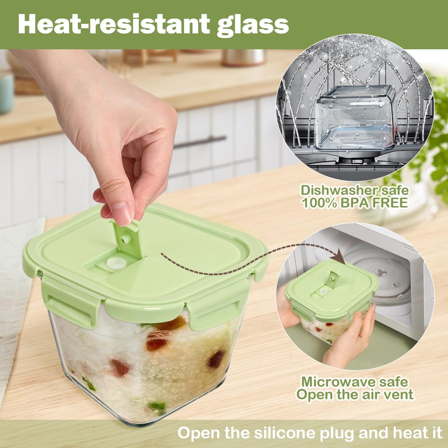 Susukkie Glass Soup Containers with Lids 32oz - Borosilicate Glass Storage Containers 4 Cup, Freezer to Microwave Safe, Airtight Leak Proof, Square Meal Prep Containers for Lunch Travel- 4 Pack